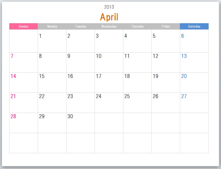 こだわりexcel エクセル テンプレート 2013年度4月始まりカレンダー