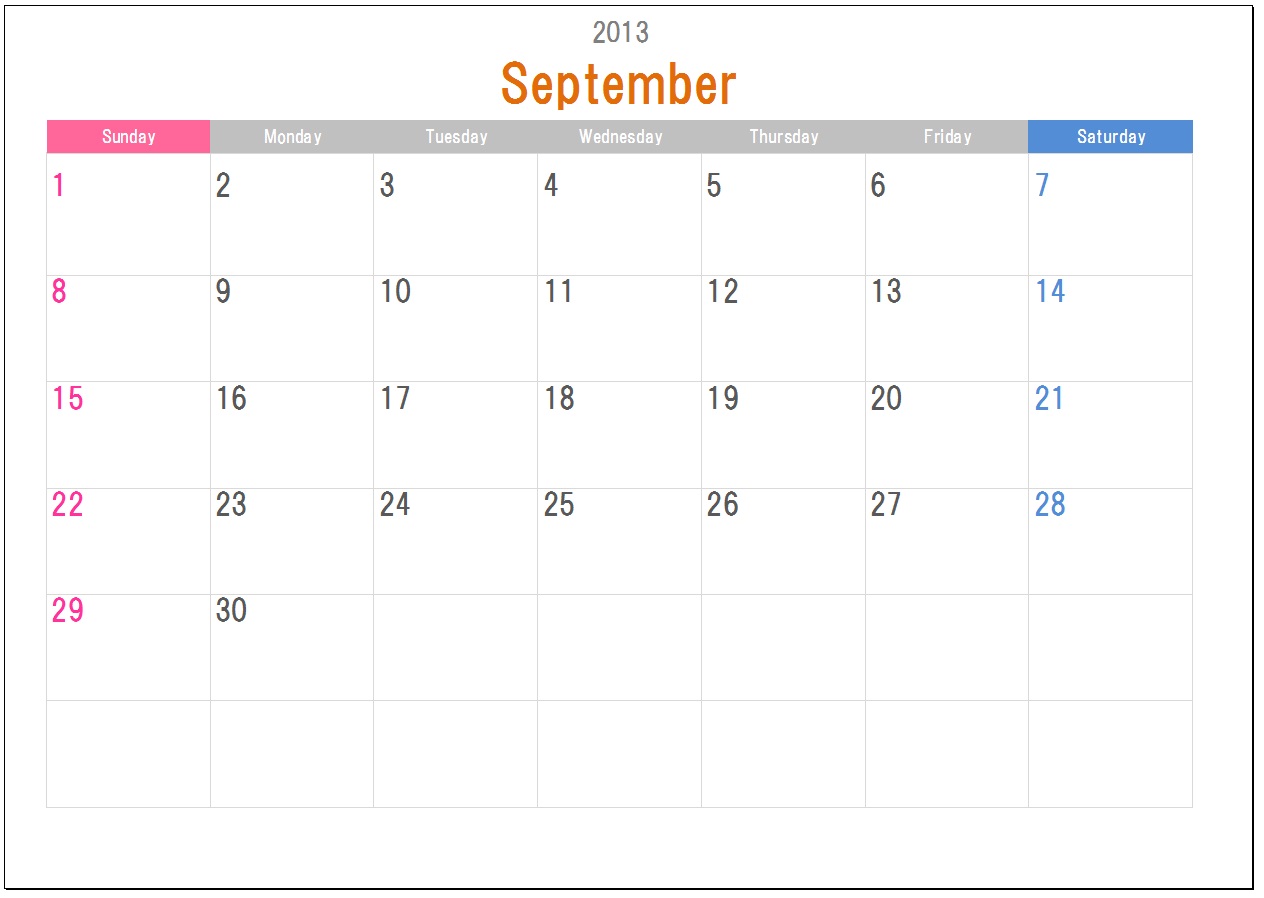 こだわりexcel エクセル テンプレート 2013年度9月始まりカレンダー